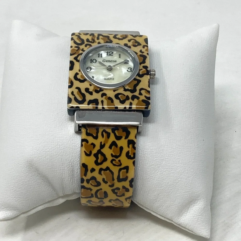 Geneva Womens Watch Leopard Print Silver Tone Cuff MOP New Battery SMALL 5.75